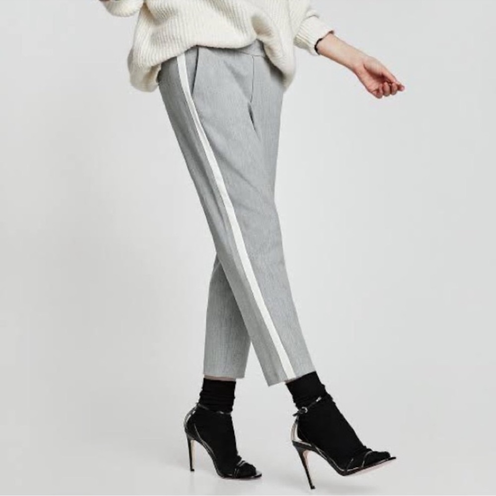 Zara straight leg cropped grey trouser with white stripe on sides